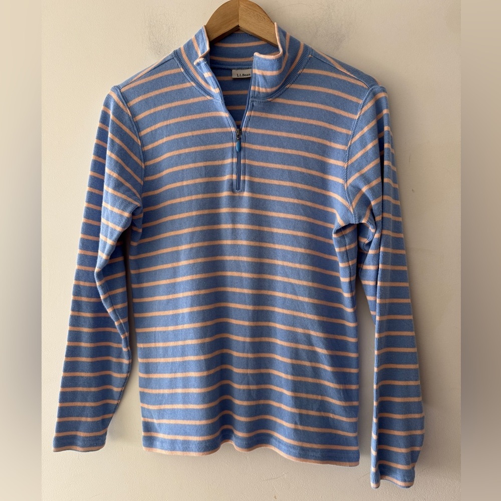 L.L. Bean Blue and Orange French‎ Sailor Stripe Quarter Zip Pullover Sweater
